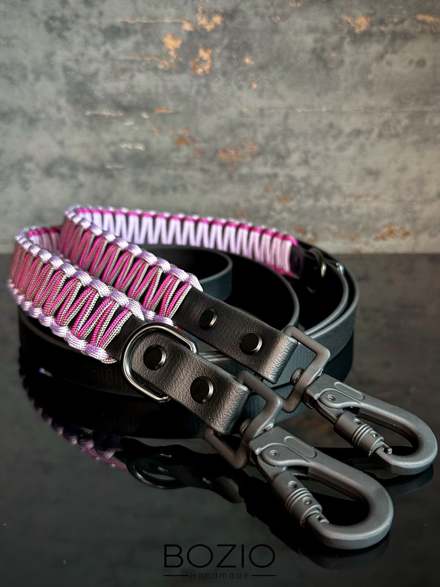 biothane x paracord leine hund schwarz pink rose rosa pastel lila grau sicherheitskarabiner karabiner sicherheit