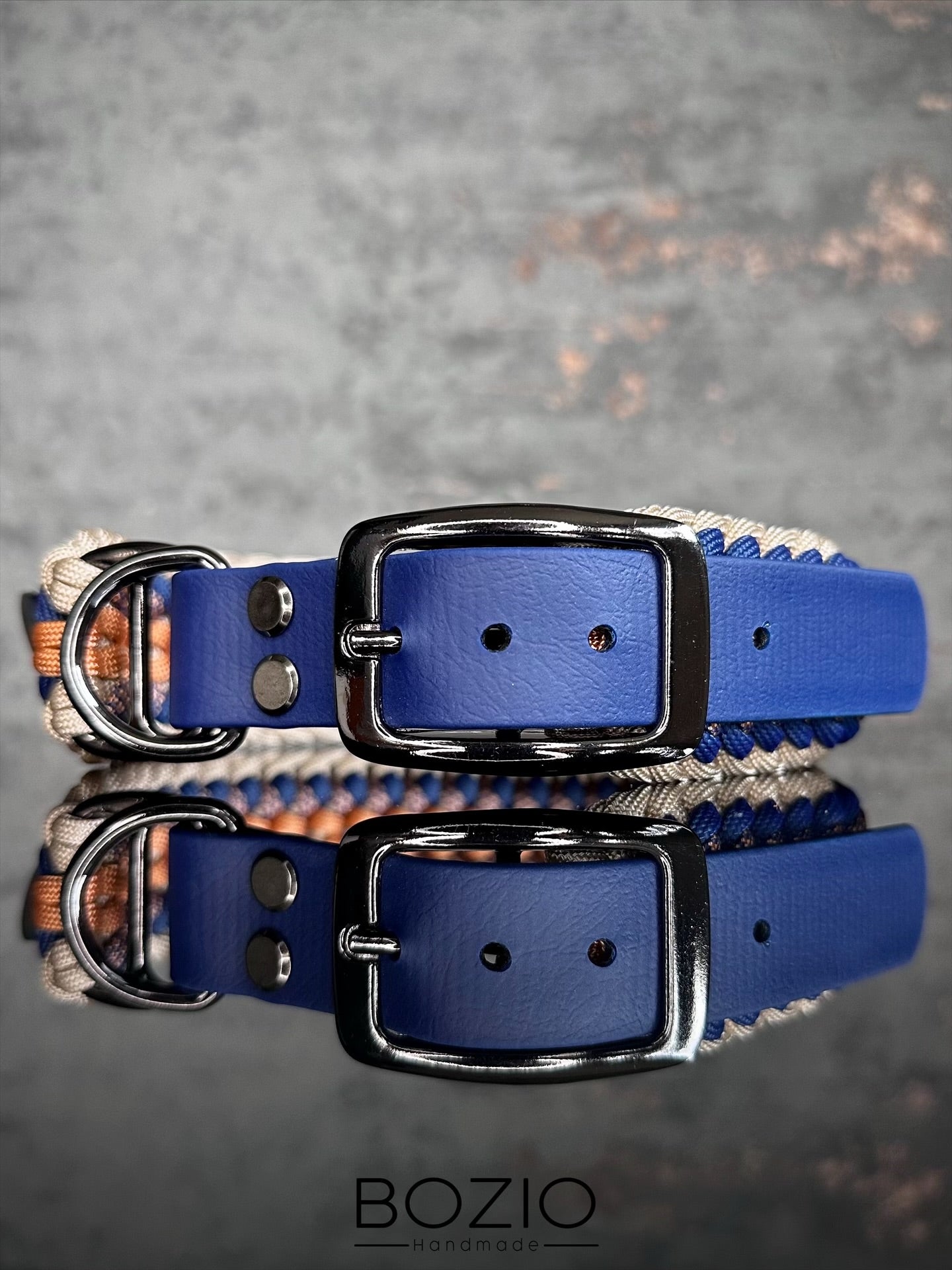 paracord biothane halsband hund cream beige blau kupfer schwarz glaezend gun metal