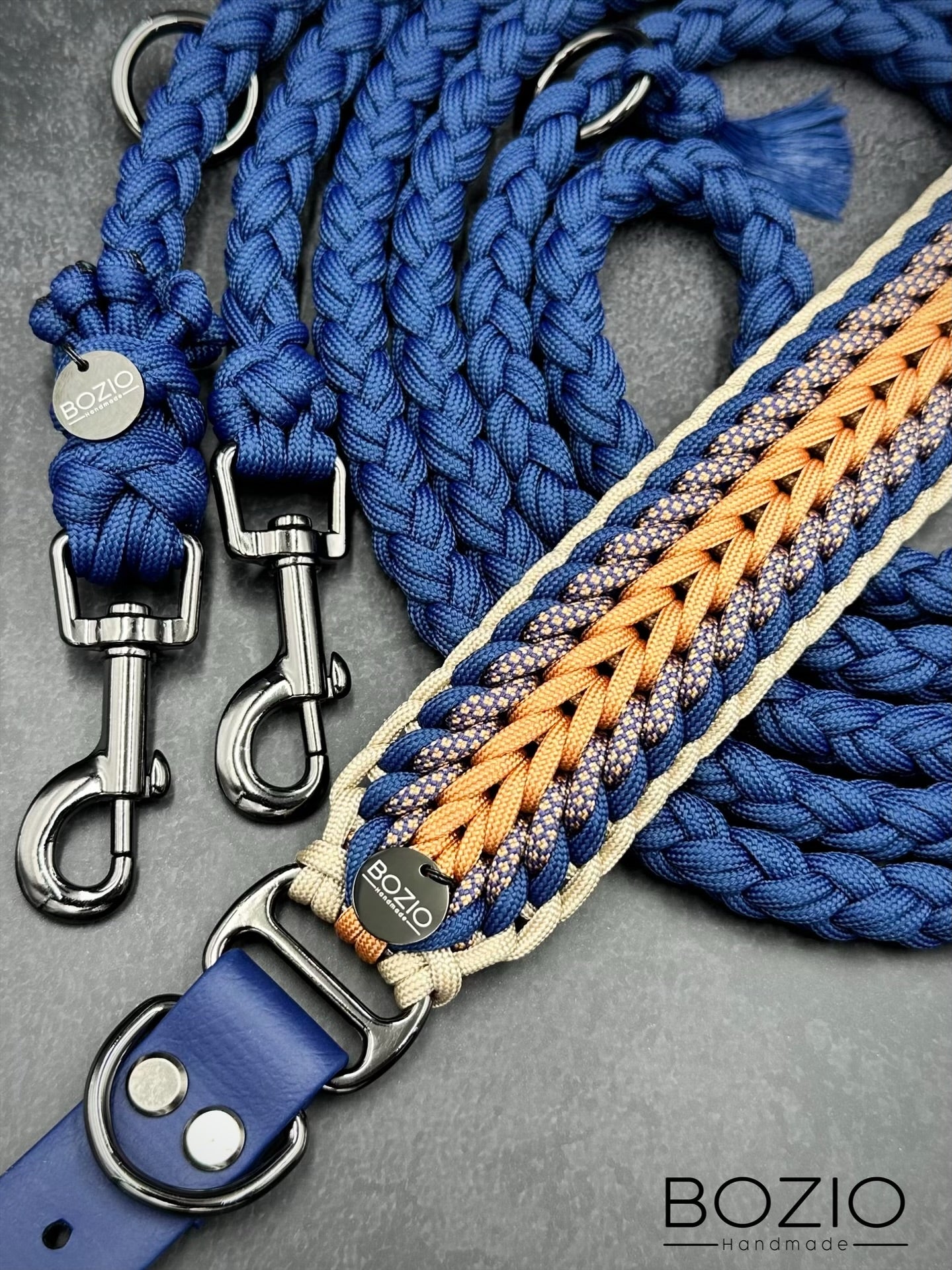 paracord biothane halsband leine hund cream beige blau kupfer schwarz glaezend gun metal