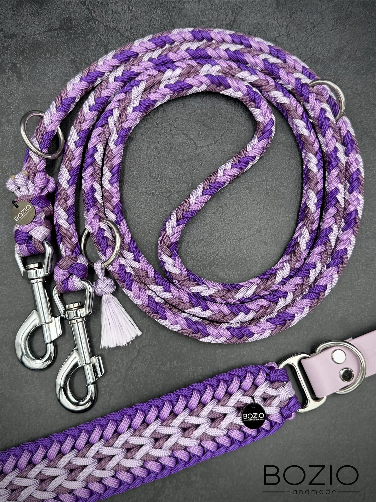 paracord biothane halsband leine hund lila Pastel silber