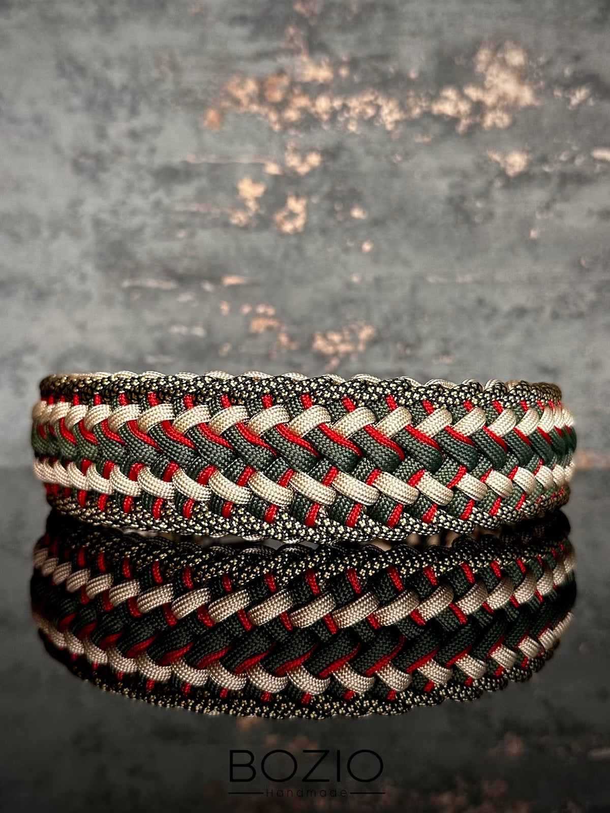 paracord halsband hund cream beige dunkel gruen gold rot
