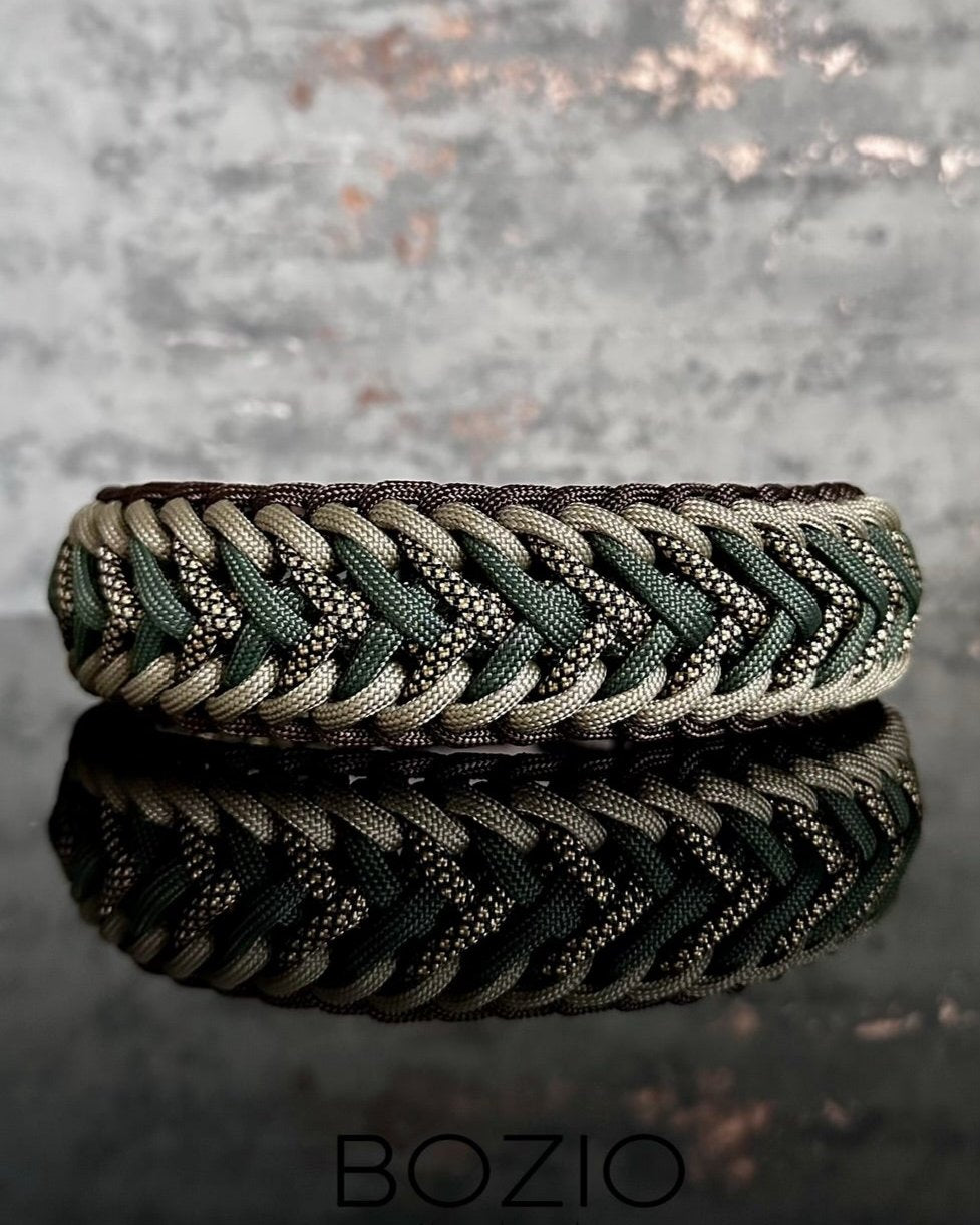 paracord halsband hund dunkel gruen khaki braun gold schwarz