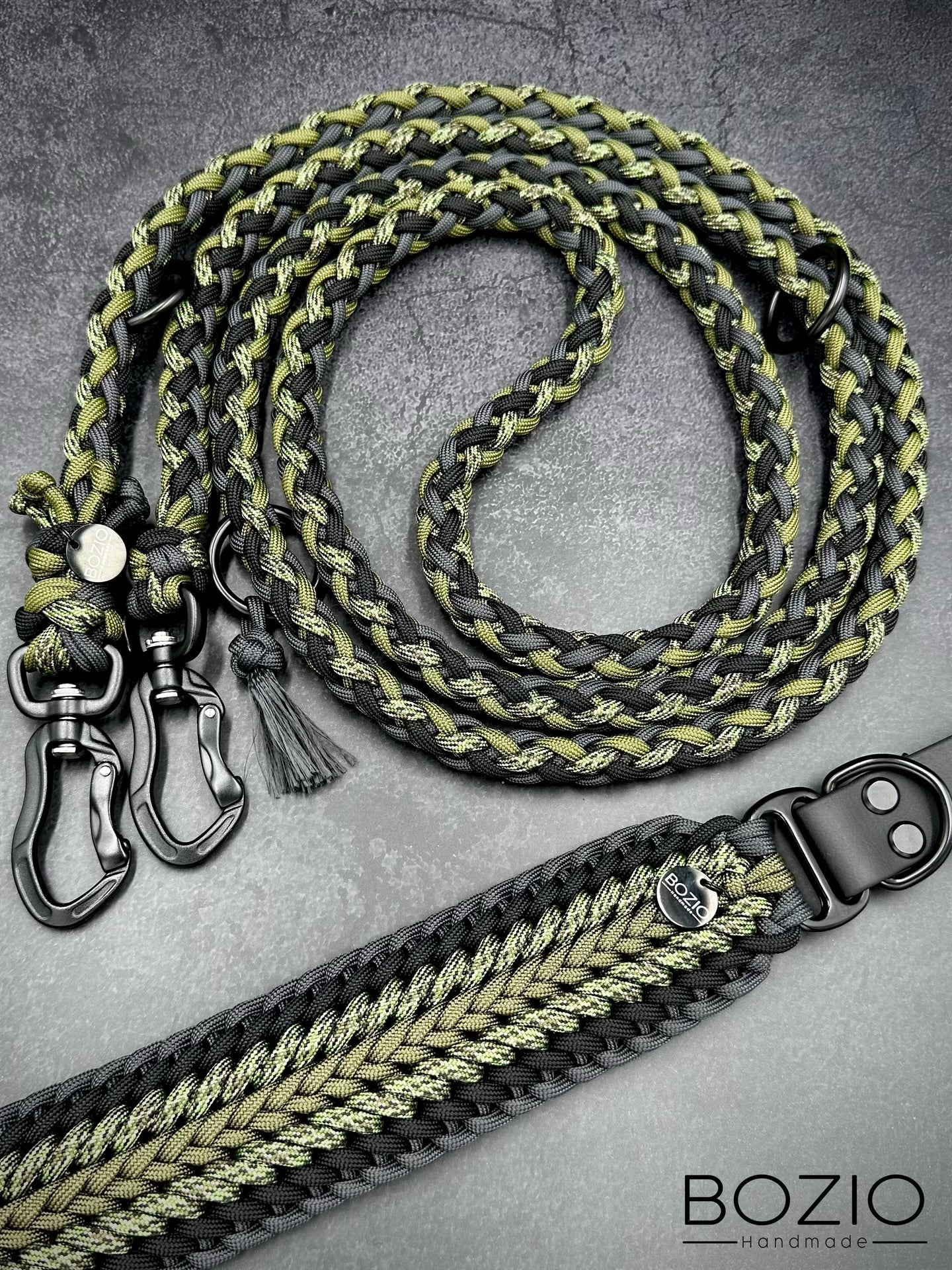 paracord halsband leine hund verstellbar handschlaufe schwarze karabiner aluminium sicherheitskarabiner sicherheit schwarz oliv khaki army gruen anthazit grau