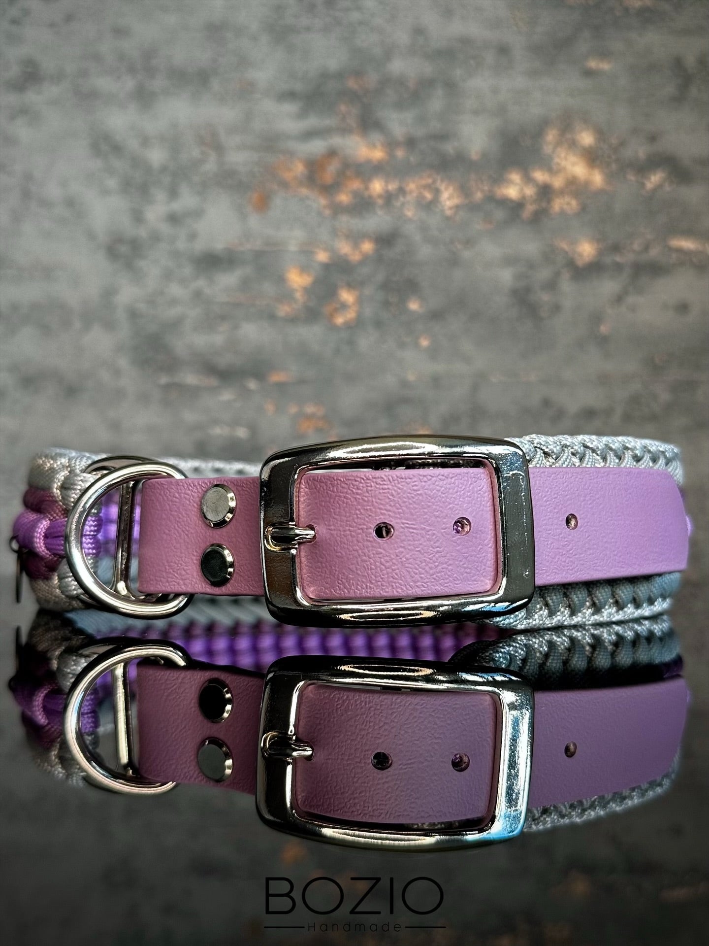 paracord biothane halsband hund silber verchromt edelstahl hell grau weiss lila pastel
