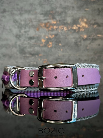 paracord biothane halsband hund silber verchromt edelstahl hell grau weiss lila pastel