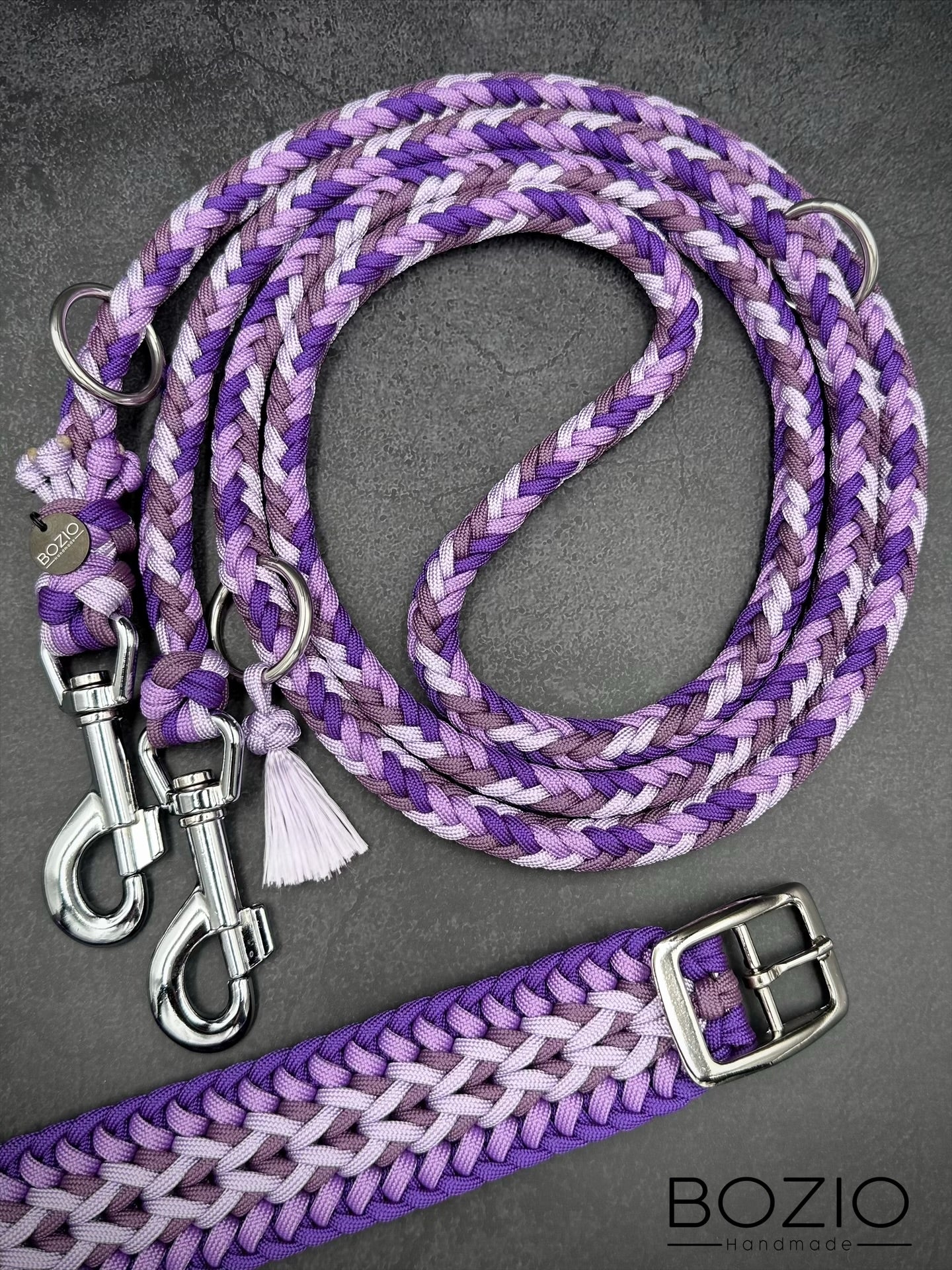 paracord biothane halsband leine hund lila Pastel silber karabiner