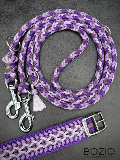 paracord biothane halsband leine hund lila Pastel silber karabiner