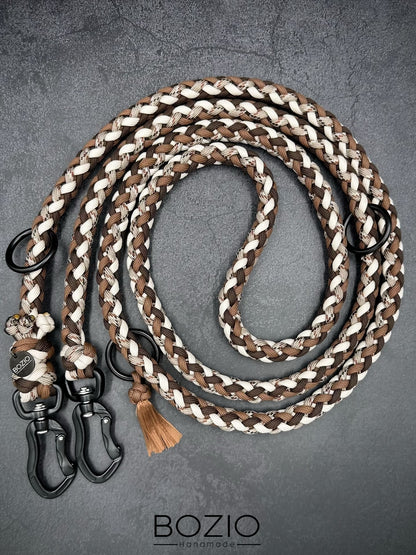 paracord leine hund schwarze karabiner aliminium sicherheitskarabiner sicherheit braun cream weiss schwarz