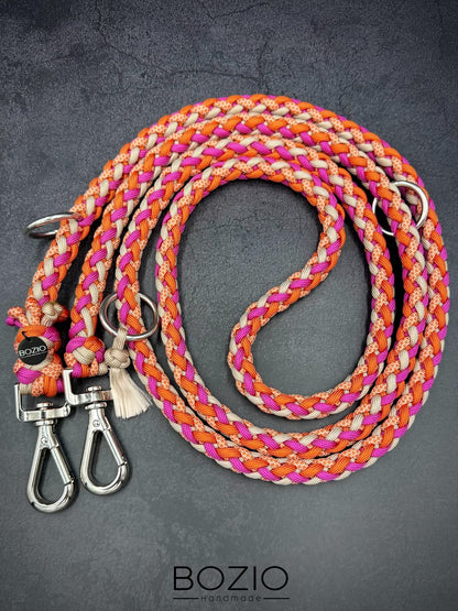 paracord leine hund verstellbar handschlaufe karabiner aluminium sicherheitskarabiner sicherheit pink magenta passion orange cream silber vernickelt edelstahl