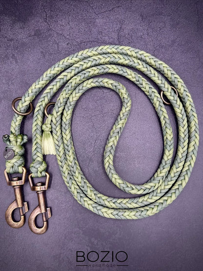 paracord leine hund verstellbar handschlaufe schwarze karabiner aluminium sicherheitskarabiner sicherheit antik messing hell greun pastel salbei greun