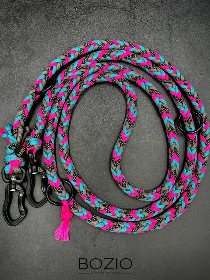 paracord leine hund verstellbar handschlaufe schwarze karabiner aluminium sicherheitskarabiner sicherheit schwarz grau neon pink rosa neon tuerkis cyan blau 