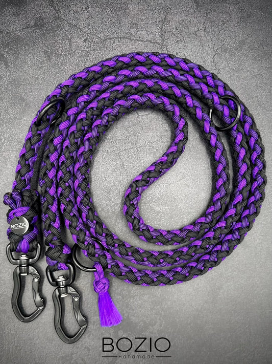 paracord leine hund verstellbar handschlaufe schwarze karabiner aluminium sicherheitskarabiner sicherheit schwarz lila